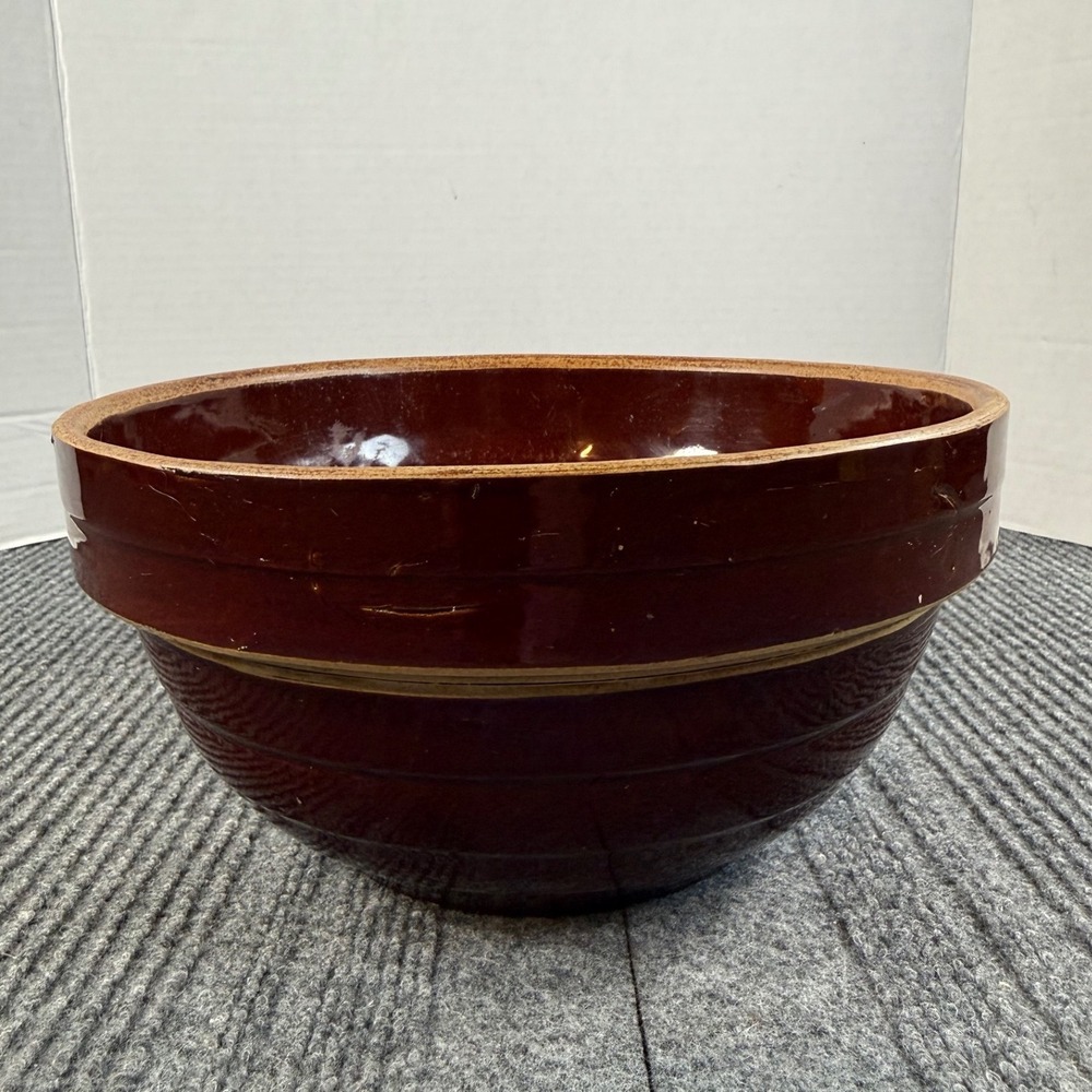Vintage USA Brown Glazed Stoneware Mixing Bowl 9 Inch Ribbed Banded Pottery